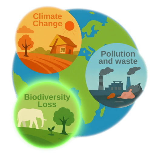 triple planetary crisis icons with biodiversity emphasis